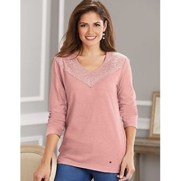 😀 3 for $20 New Haband Lace Accent V-Neck Top - Picture 1 of 1